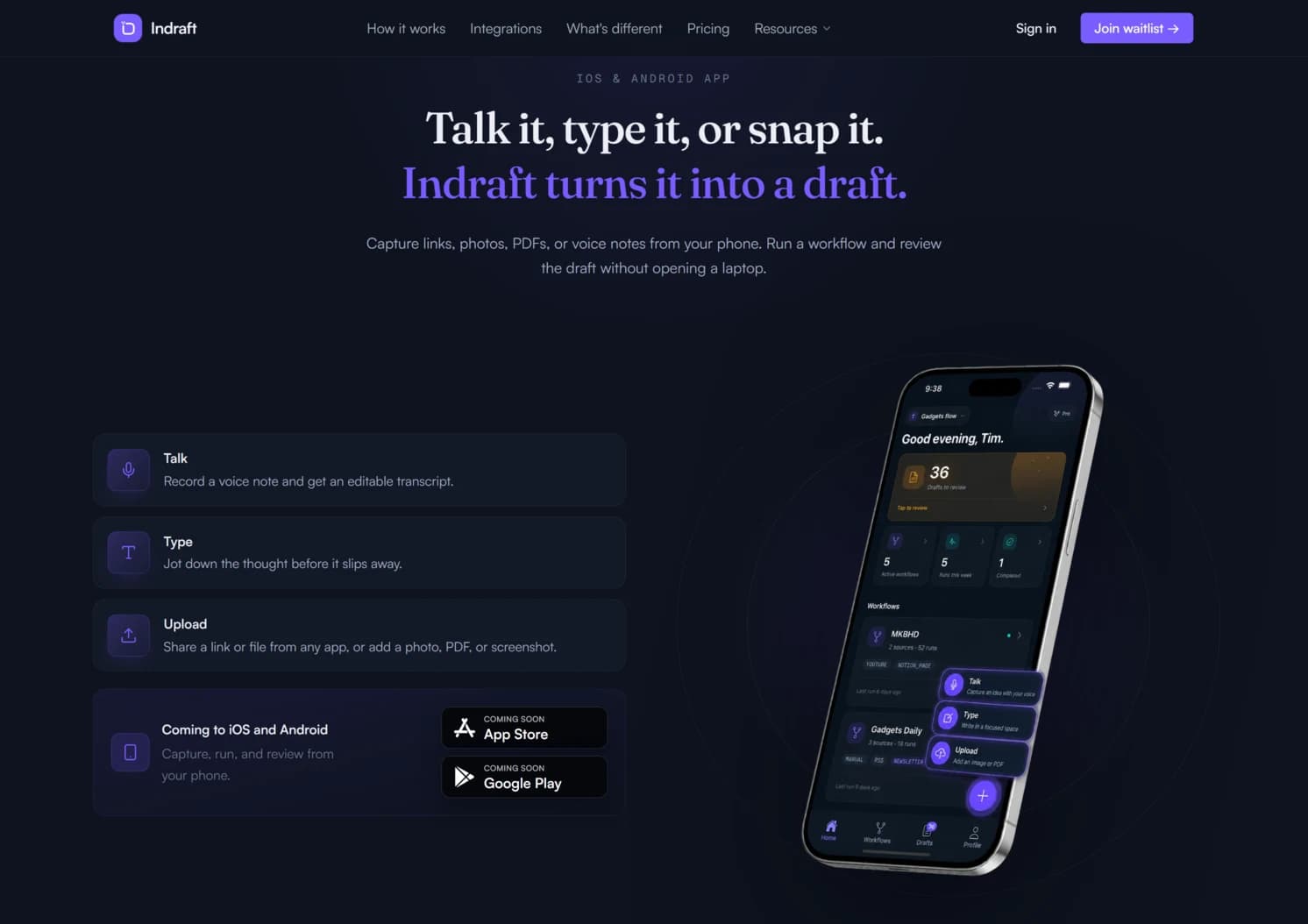 Indraft Mobile interface