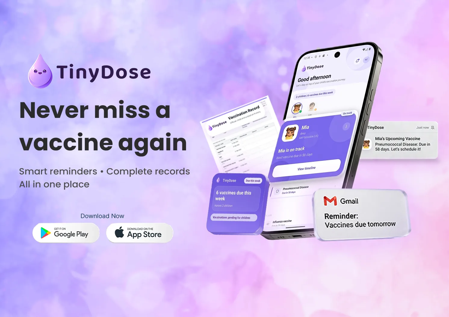 TinyDose app showing a child's vaccination schedule with upcoming doses