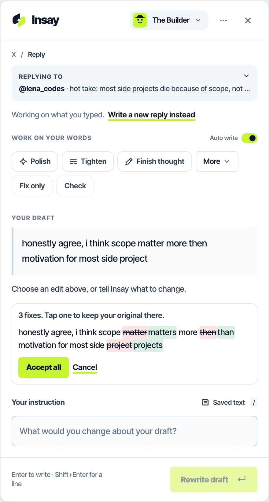 Fix only shows three corrections as a diff, with Accept all