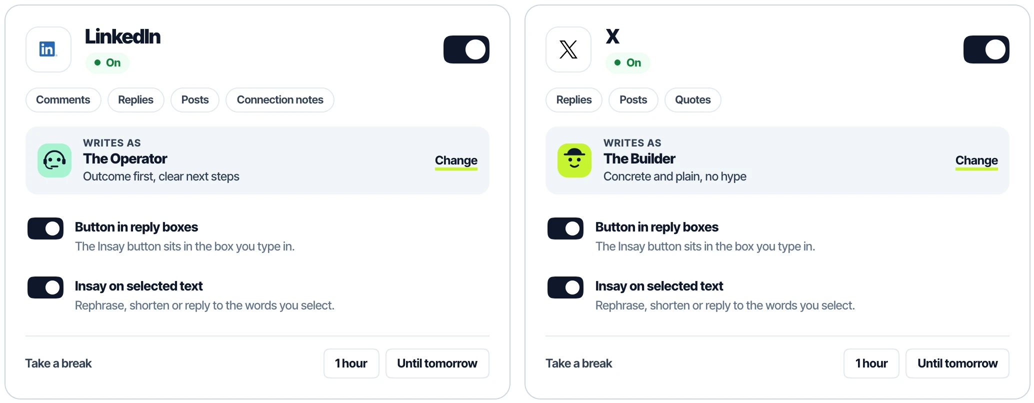 Platform settings: LinkedIn and X on, each with its voice, button and selection switches, and a pause