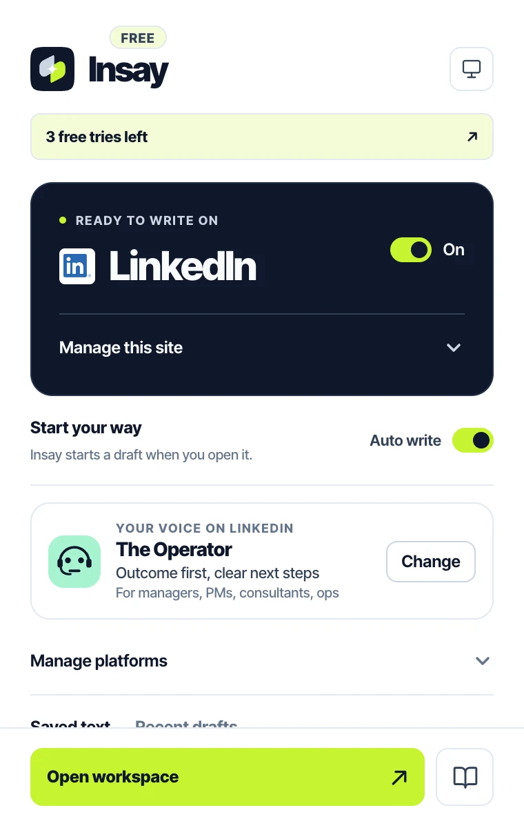 Insay's toolbar popup on LinkedIn: on, auto write, and The Operator voice