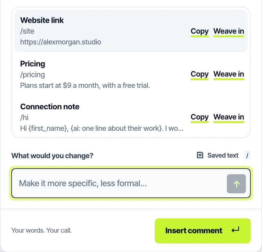 The snippets menu in Insay's panel: Website link, Pricing and Connection note, each with Copy and Weave in
