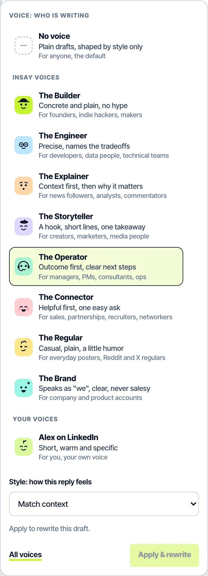 The voice picker in Insay's panel: No voice, the eight Insay voices with avatars and what each does, and a custom voice
